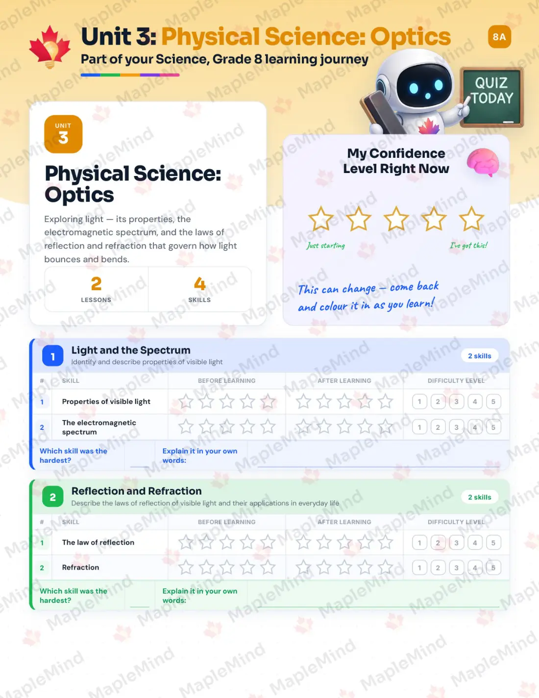 Page 14 of 30 from the Science, Grade 8 Newfoundland and Labrador Course Companion — skills tracker with before and after self-assessment