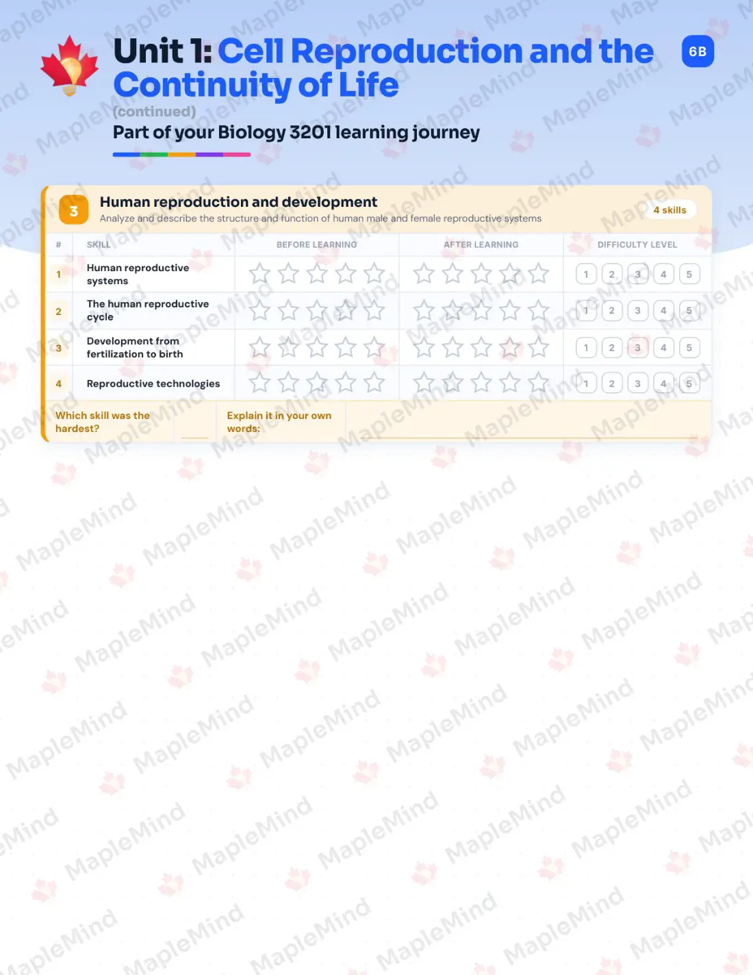 Page 7 of 26 from the Biology 3201 Newfoundland and Labrador Course Companion — skills tracker with before and after self-assessment