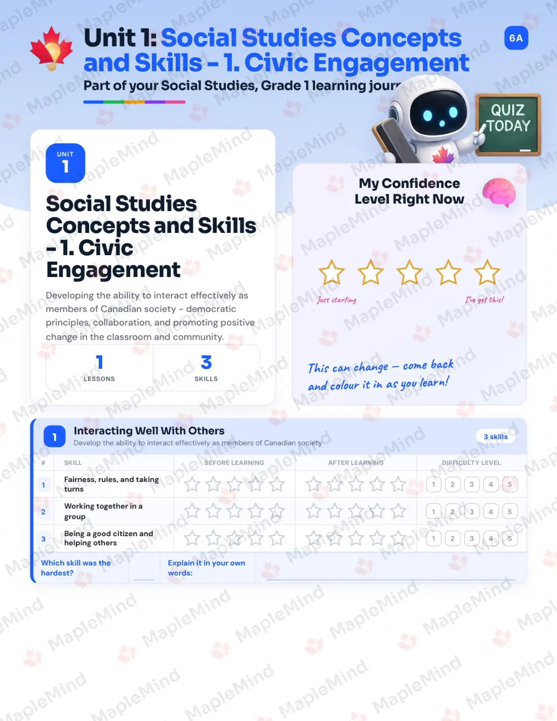 Page 7 of 37 from the Social Studies, Grade 1 Newfoundland and Labrador Course Companion — skills tracker with before and after self-assessment
