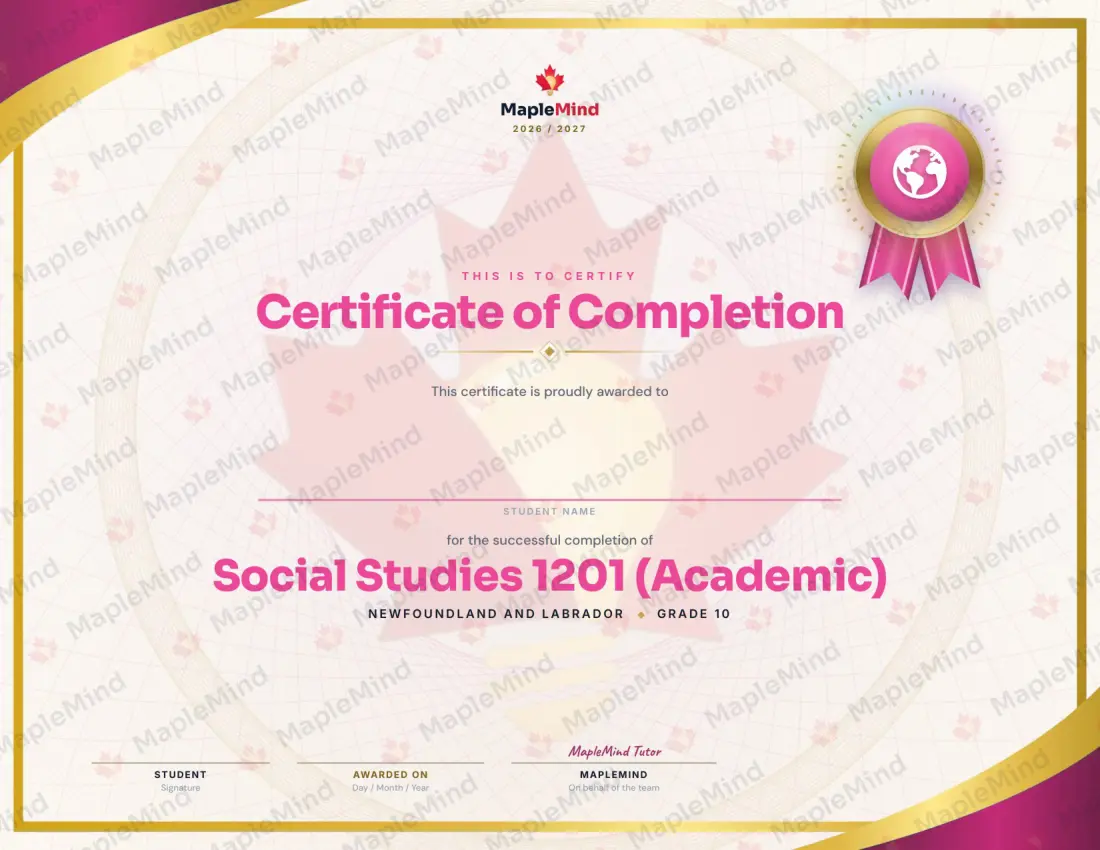 Page 29 of 29 from the Social Studies 1201 (Academic) Newfoundland and Labrador Course Companion — year in review and certificate of completion