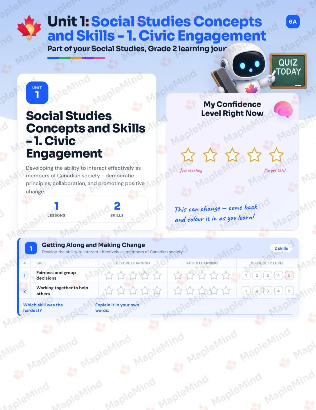 Page 7 of 47 from the Social Studies, Grade 2 Newfoundland and Labrador Course Companion — skills tracker with before and after self-assessment