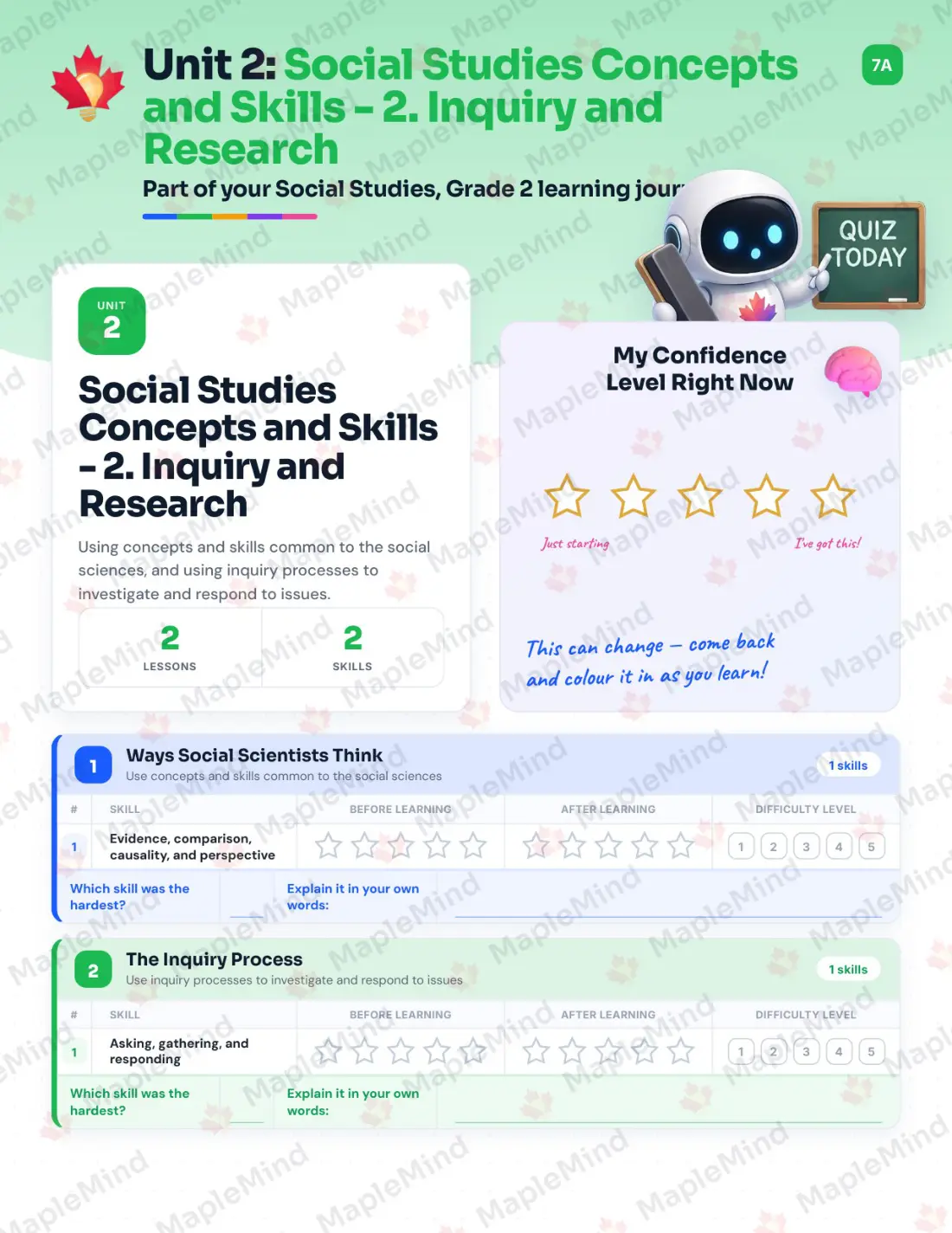 Page 10 of 47 from the Social Studies, Grade 2 Newfoundland and Labrador Course Companion — skills tracker with before and after self-assessment