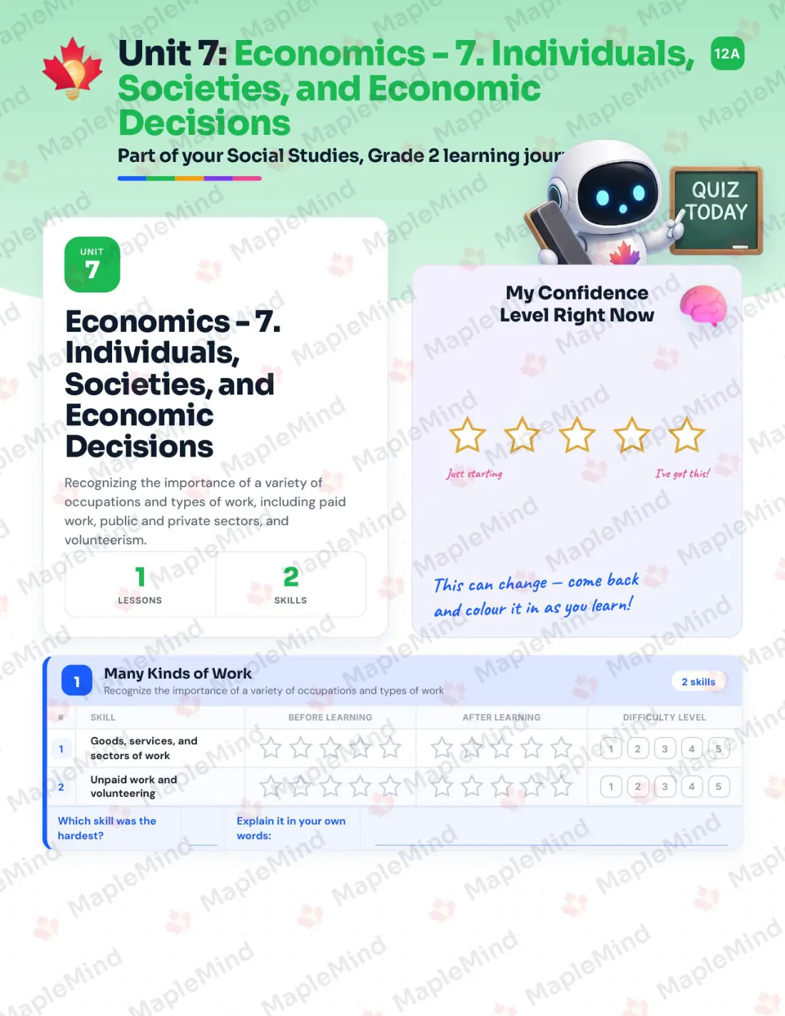 Page 25 of 47 from the Social Studies, Grade 2 Newfoundland and Labrador Course Companion — skills tracker with before and after self-assessment