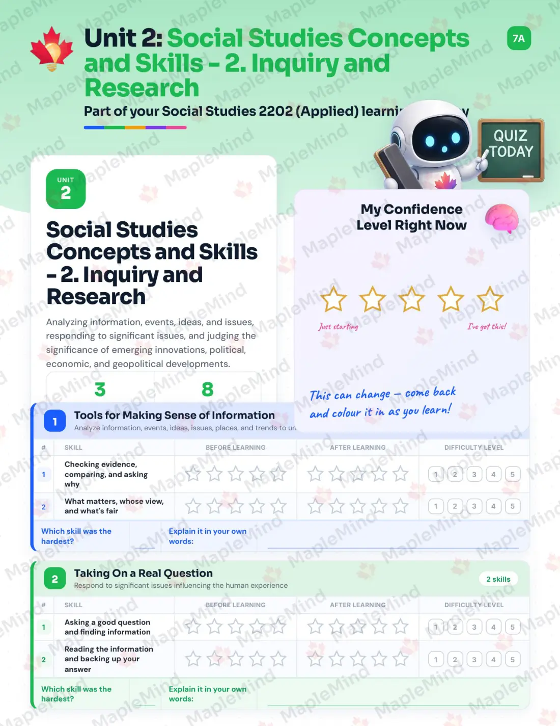 Page 10 of 35 from the Social Studies 2202 (Applied) Newfoundland and Labrador Course Companion — skills tracker with before and after self-assessment