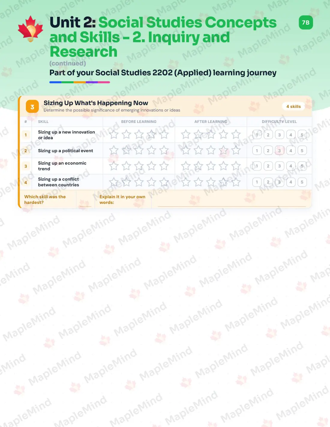 Page 11 of 35 from the Social Studies 2202 (Applied) Newfoundland and Labrador Course Companion — skills tracker with before and after self-assessment
