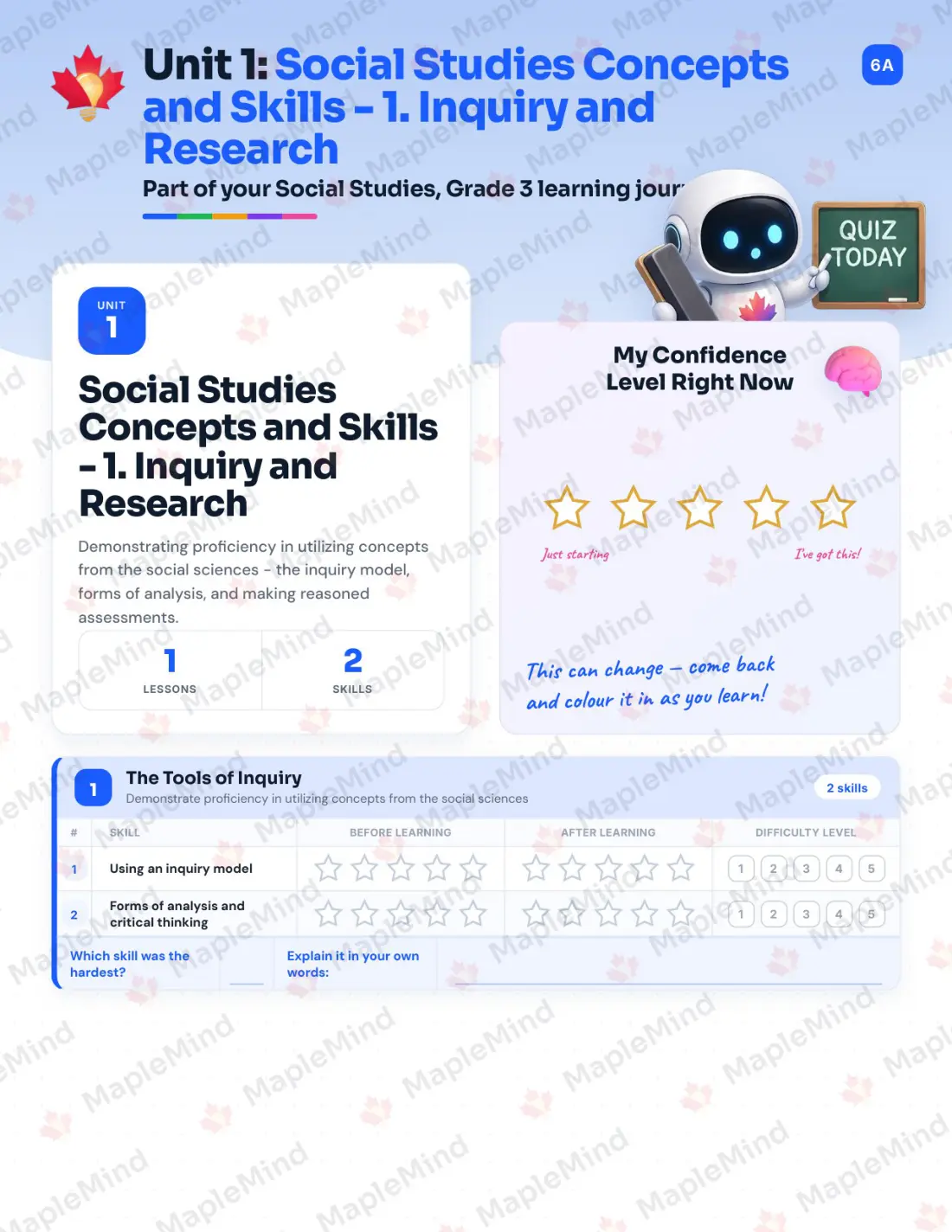 Page 7 of 38 from the Social Studies, Grade 3 Newfoundland and Labrador Course Companion — skills tracker with before and after self-assessment