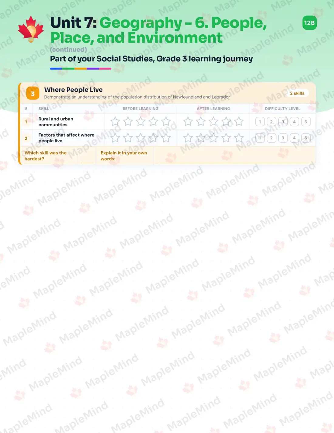 Page 26 of 38 from the Social Studies, Grade 3 Newfoundland and Labrador Course Companion — skills tracker with before and after self-assessment