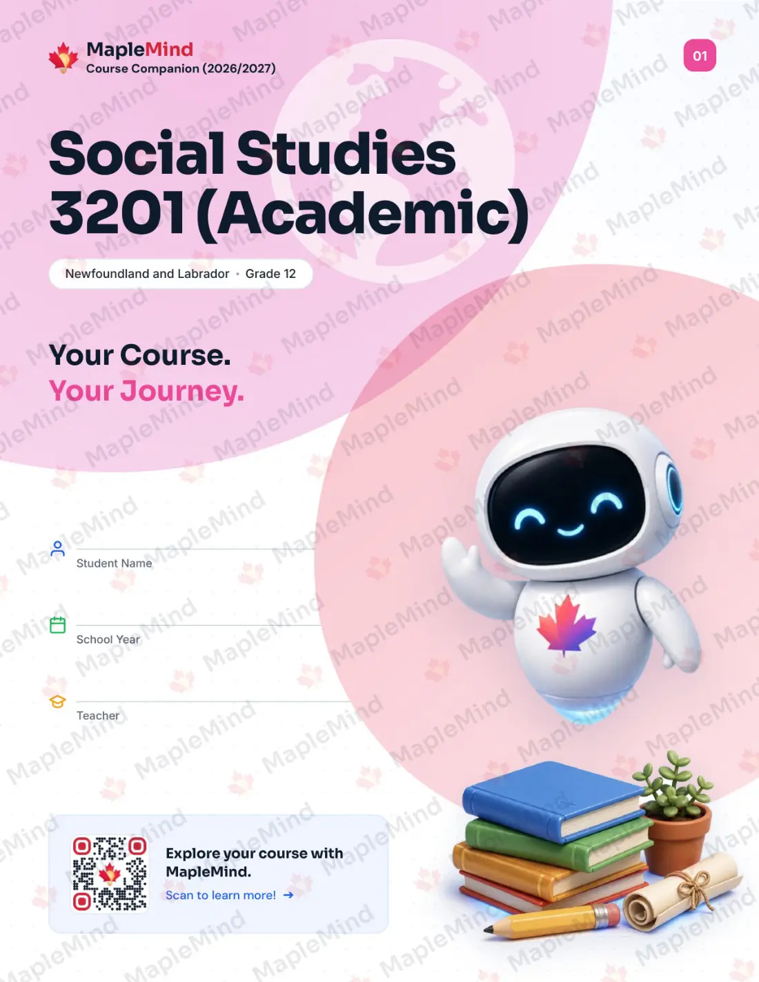 Page 1 of 35 from the Social Studies 3201 (Academic) Newfoundland and Labrador Course Companion — workbook cover