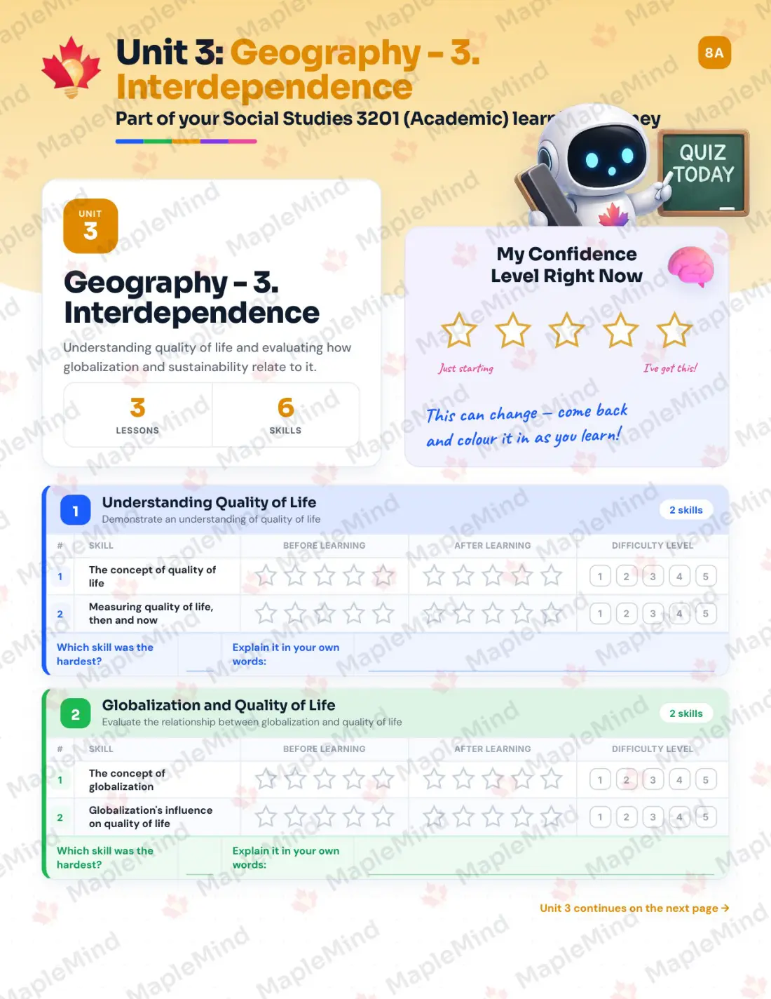 Page 13 of 35 from the Social Studies 3201 (Academic) Newfoundland and Labrador Course Companion — skills tracker with before and after self-assessment