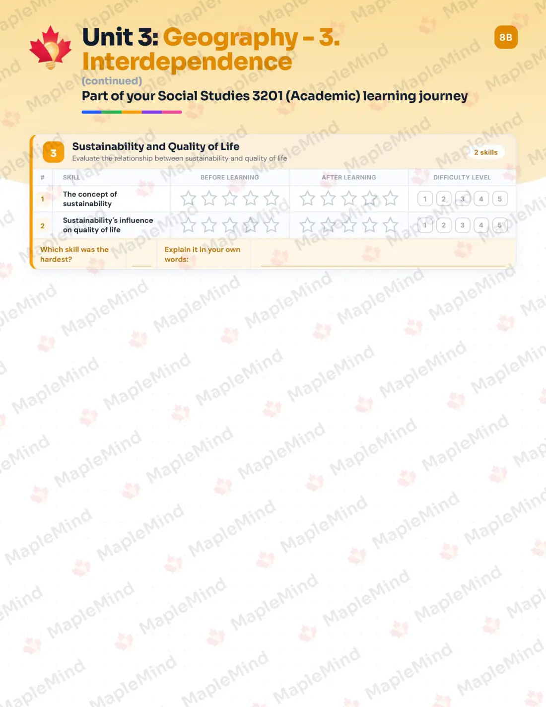 Page 14 of 35 from the Social Studies 3201 (Academic) Newfoundland and Labrador Course Companion — skills tracker with before and after self-assessment