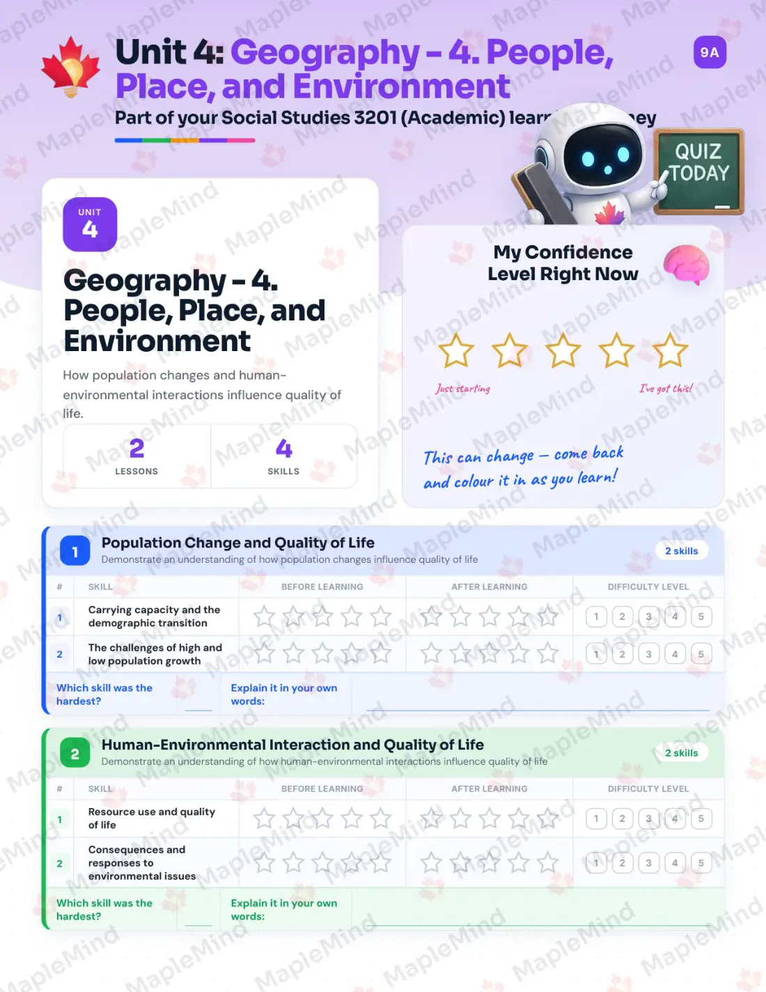 Page 17 of 35 from the Social Studies 3201 (Academic) Newfoundland and Labrador Course Companion — skills tracker with before and after self-assessment
