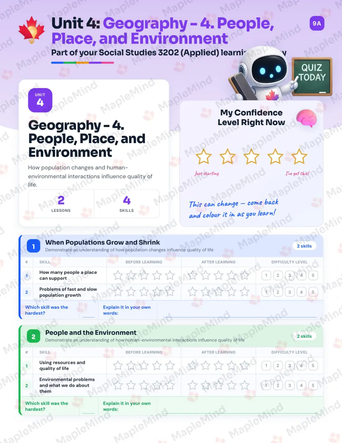 Page 17 of 35 from the Social Studies 3202 (Applied) Newfoundland and Labrador Course Companion — skills tracker with before and after self-assessment