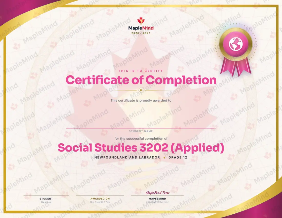 Page 35 of 35 from the Social Studies 3202 (Applied) Newfoundland and Labrador Course Companion — year in review and certificate of completion