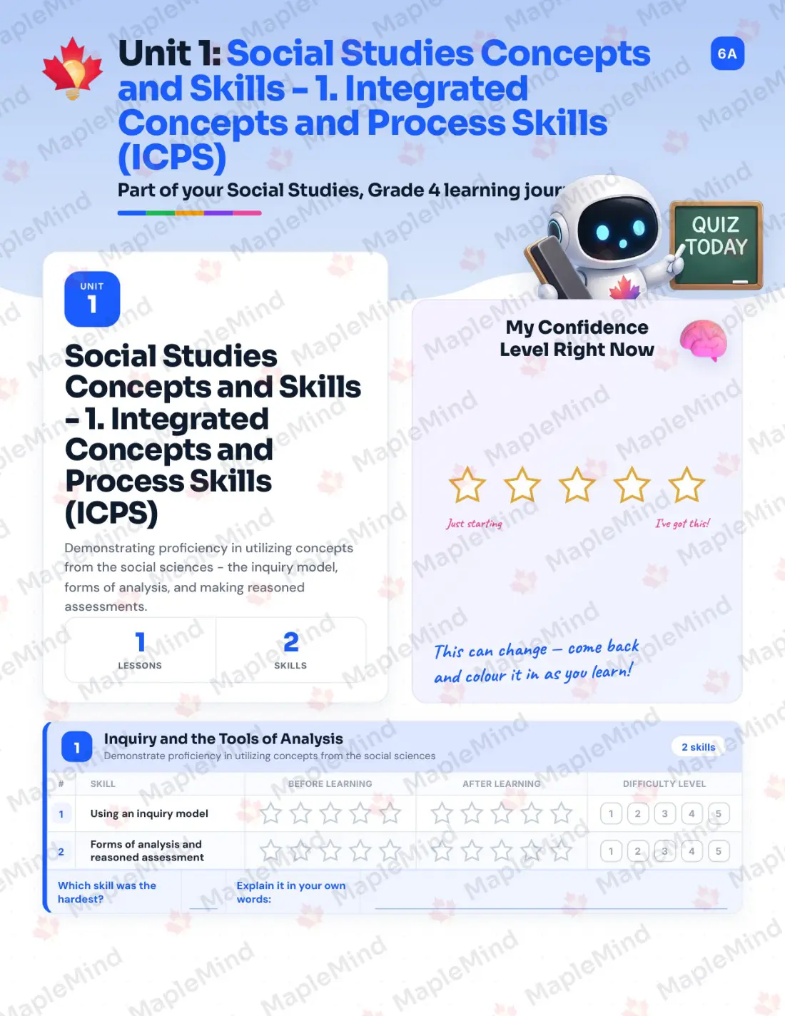 Page 7 of 36 from the Social Studies, Grade 4 Newfoundland and Labrador Course Companion — skills tracker with before and after self-assessment