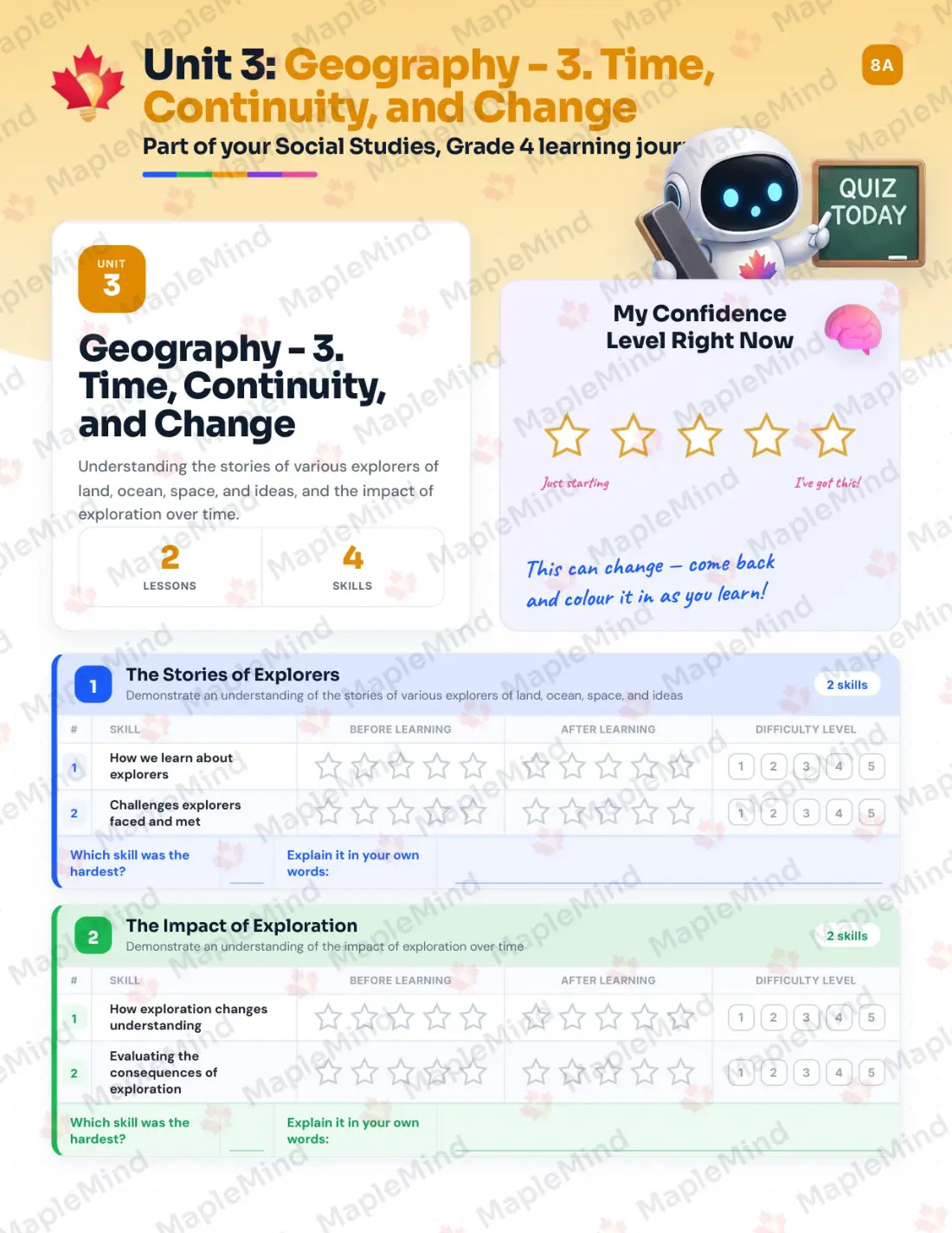 Page 15 of 36 from the Social Studies, Grade 4 Newfoundland and Labrador Course Companion — skills tracker with before and after self-assessment