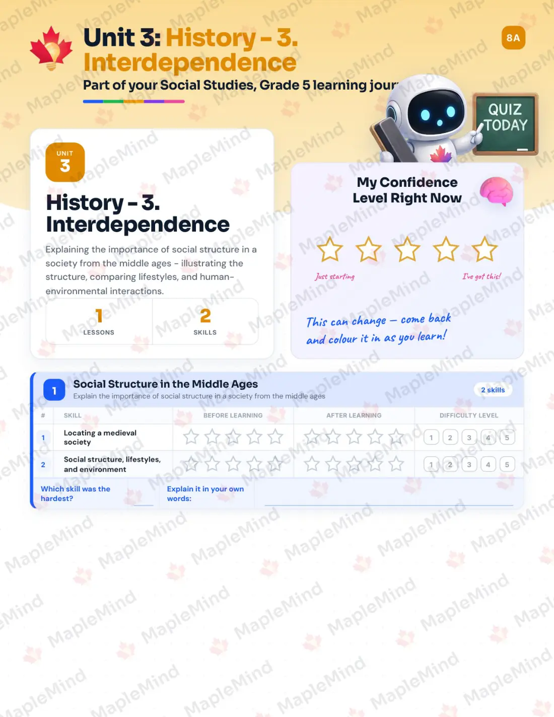 Page 12 of 31 from the Social Studies, Grade 5 Newfoundland and Labrador Course Companion — skills tracker with before and after self-assessment