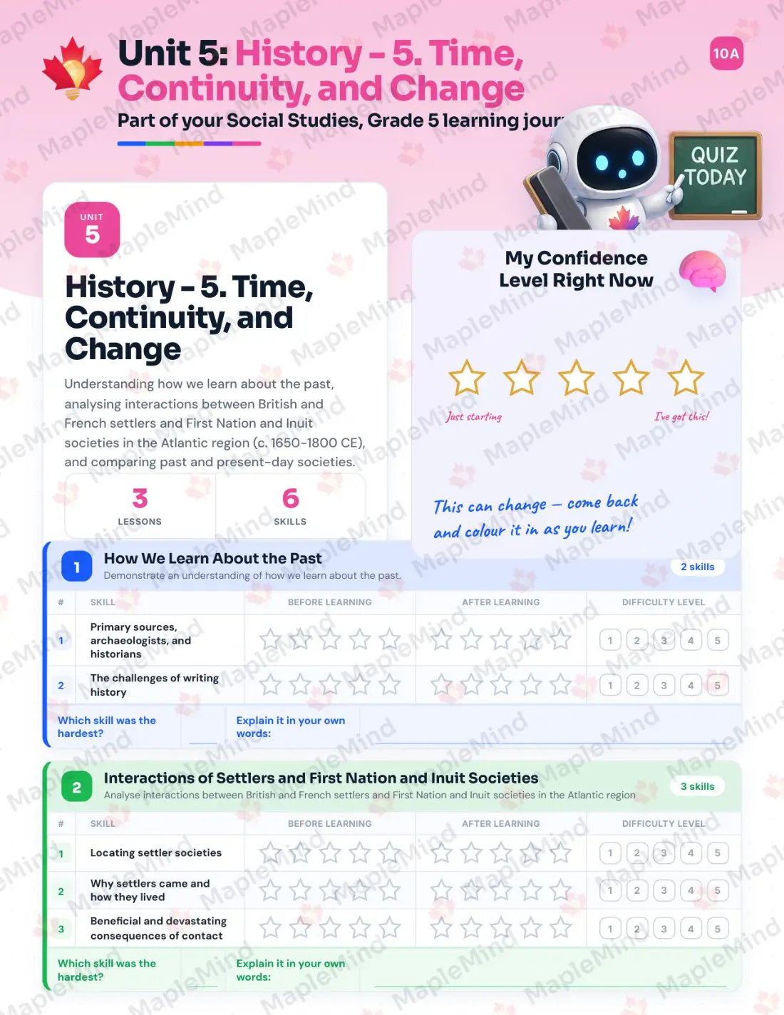 Page 18 of 31 from the Social Studies, Grade 5 Newfoundland and Labrador Course Companion — skills tracker with before and after self-assessment
