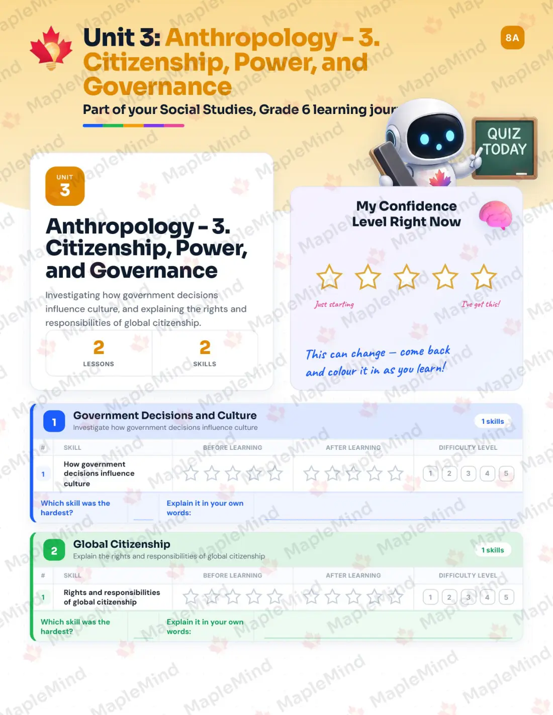 Page 13 of 38 from the Social Studies, Grade 6 Newfoundland and Labrador Course Companion — skills tracker with before and after self-assessment