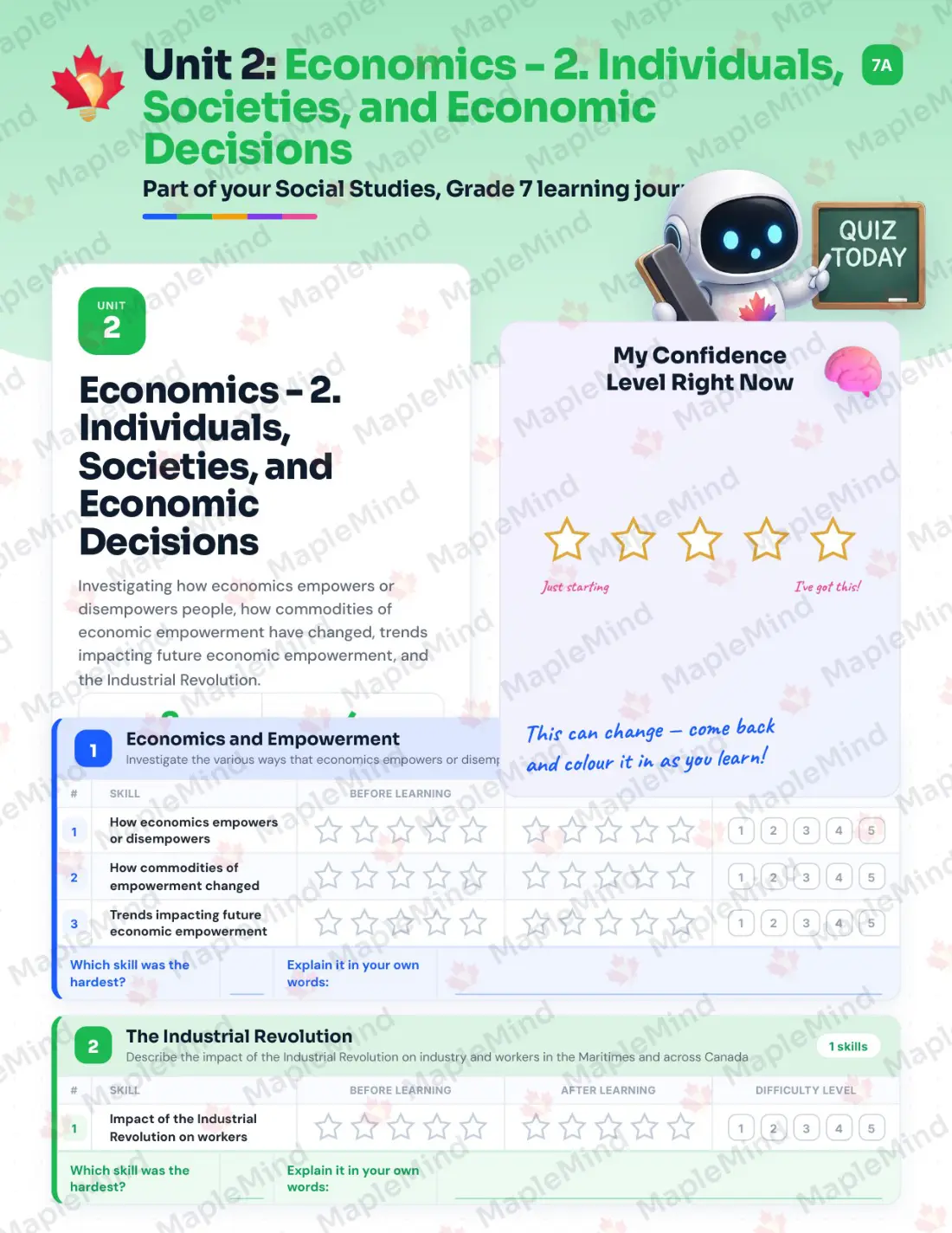 Page 10 of 36 from the Social Studies, Grade 7 Newfoundland and Labrador Course Companion — skills tracker with before and after self-assessment