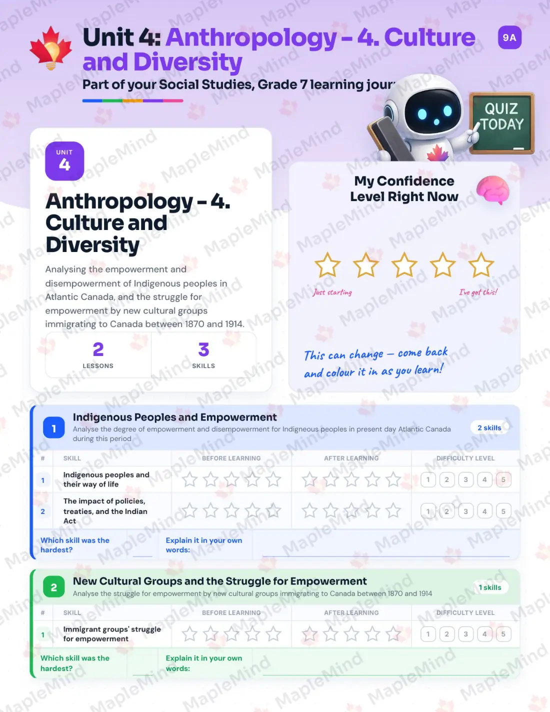 Page 16 of 36 from the Social Studies, Grade 7 Newfoundland and Labrador Course Companion — skills tracker with before and after self-assessment