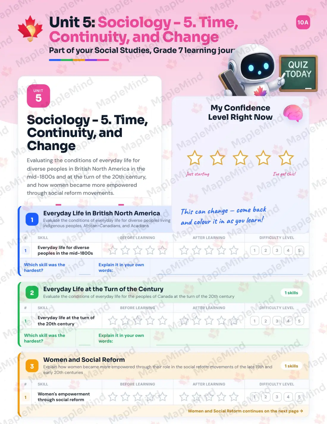 Page 19 of 36 from the Social Studies, Grade 7 Newfoundland and Labrador Course Companion — skills tracker with before and after self-assessment