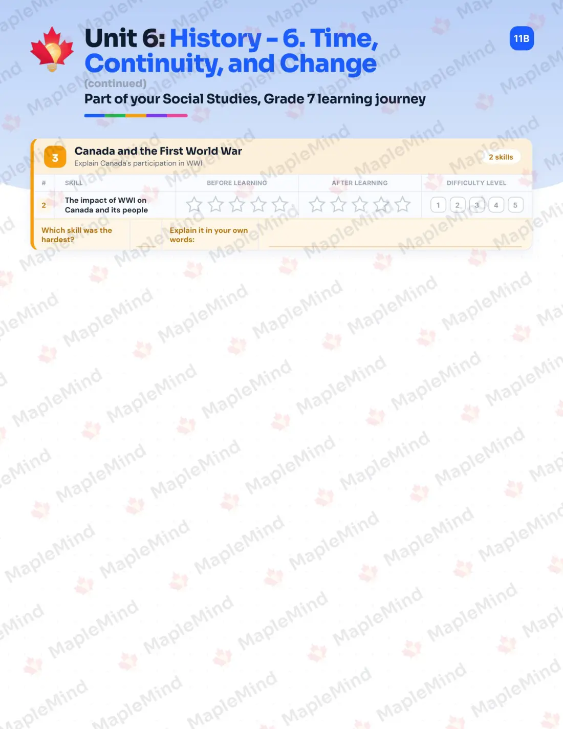Page 24 of 36 from the Social Studies, Grade 7 Newfoundland and Labrador Course Companion — skills tracker with before and after self-assessment