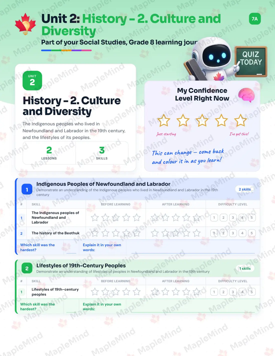 Page 9 of 31 from the Social Studies, Grade 8 Newfoundland and Labrador Course Companion — skills tracker with before and after self-assessment