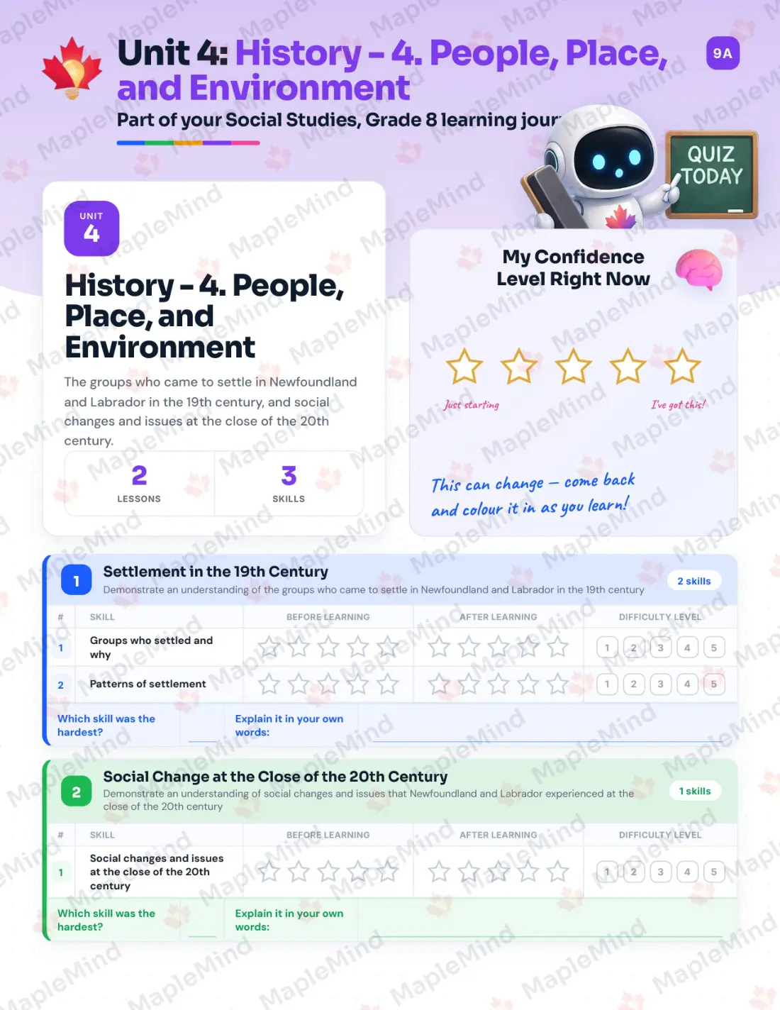 Page 15 of 31 from the Social Studies, Grade 8 Newfoundland and Labrador Course Companion — skills tracker with before and after self-assessment