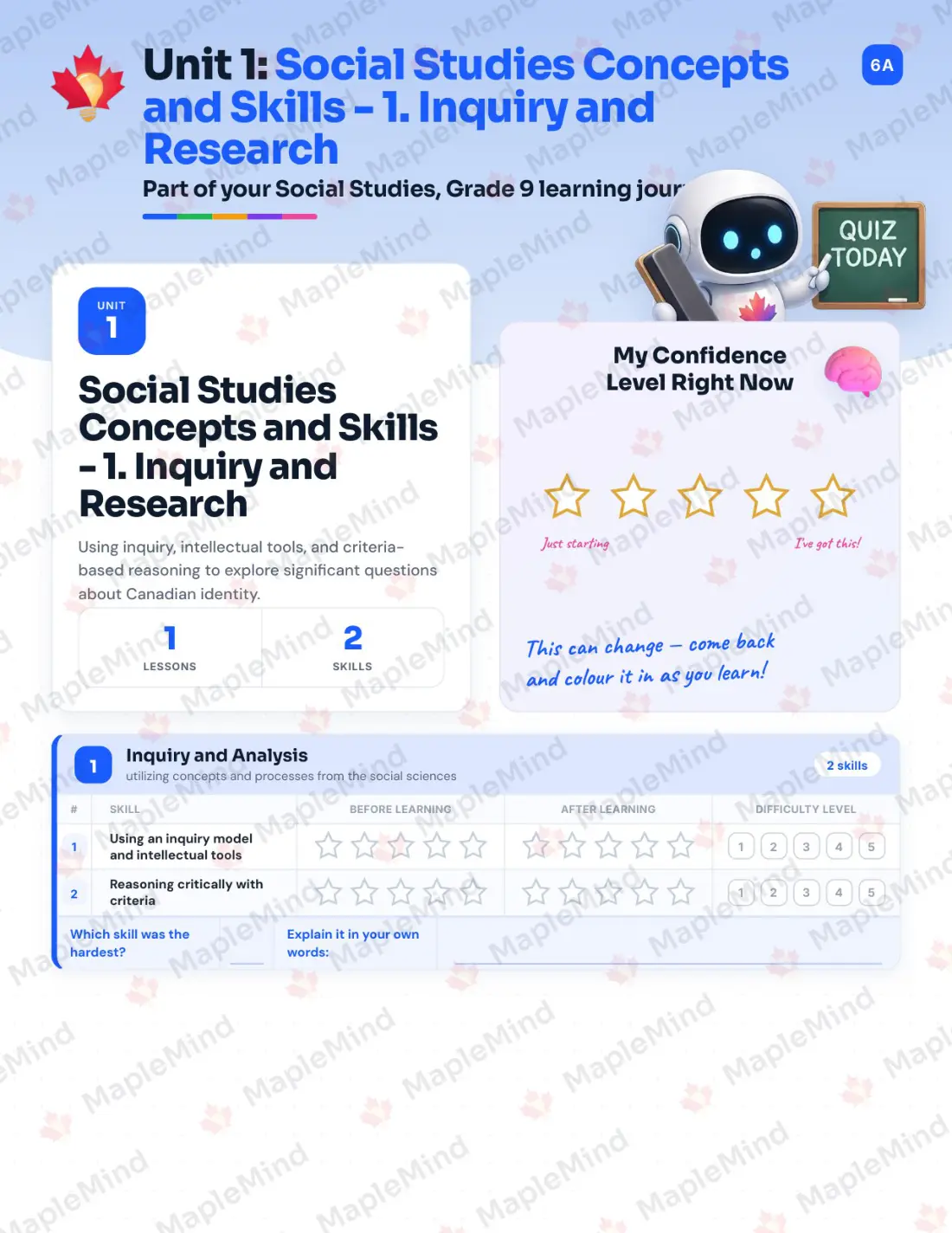 Page 7 of 43 from the Social Studies, Grade 9 Newfoundland and Labrador Course Companion — skills tracker with before and after self-assessment
