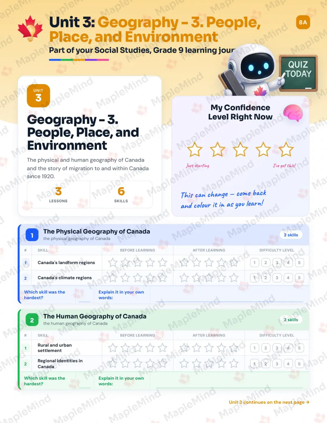 Page 13 of 43 from the Social Studies, Grade 9 Newfoundland and Labrador Course Companion — skills tracker with before and after self-assessment