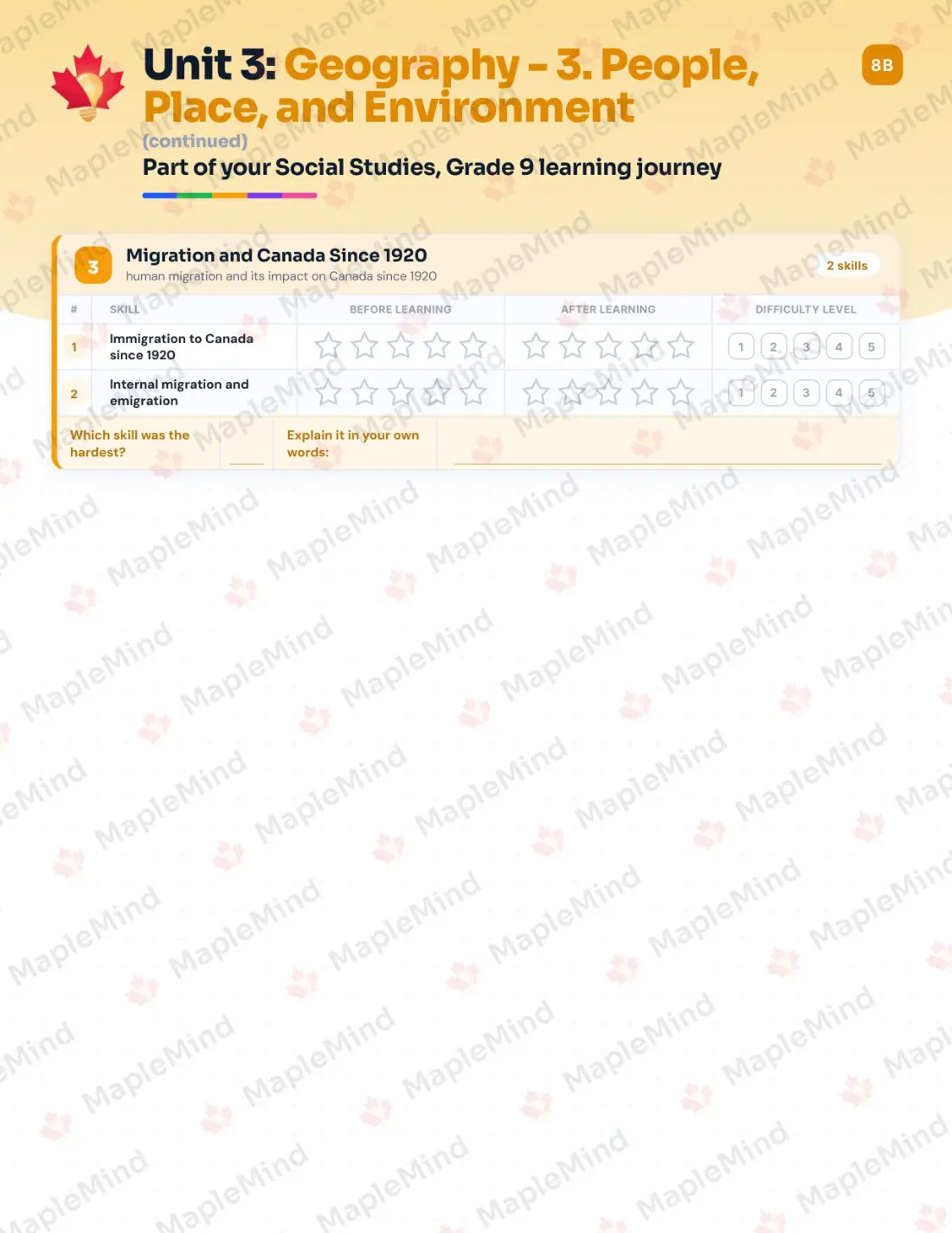 Page 14 of 43 from the Social Studies, Grade 9 Newfoundland and Labrador Course Companion — skills tracker with before and after self-assessment