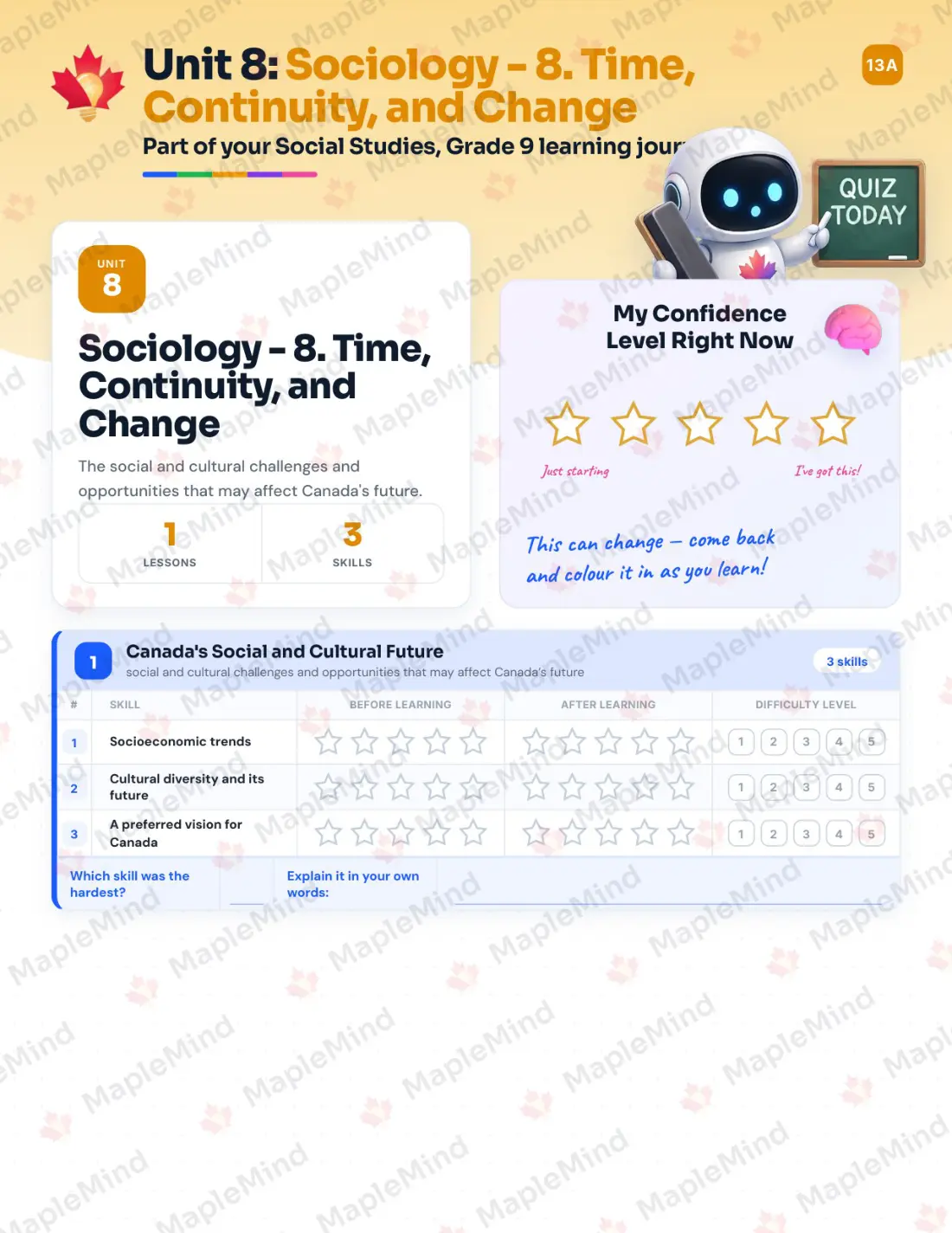 Page 31 of 43 from the Social Studies, Grade 9 Newfoundland and Labrador Course Companion — skills tracker with before and after self-assessment