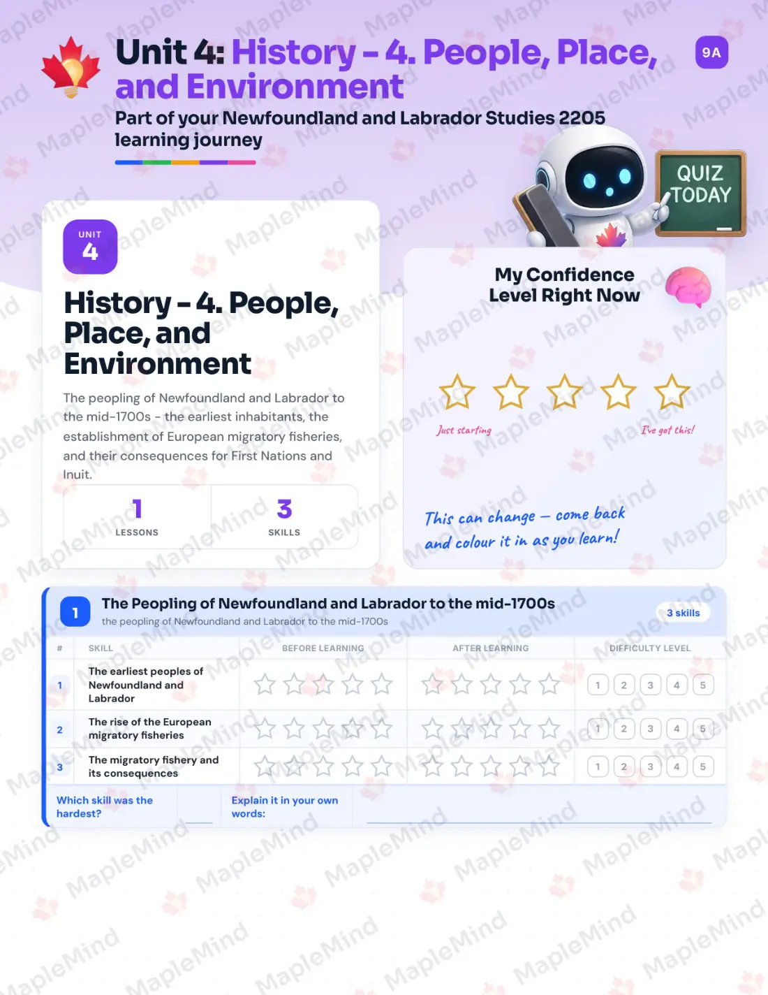 Page 15 of 33 from the Newfoundland and Labrador Studies 2205 Newfoundland and Labrador Course Companion — skills tracker with before and after self-assessment