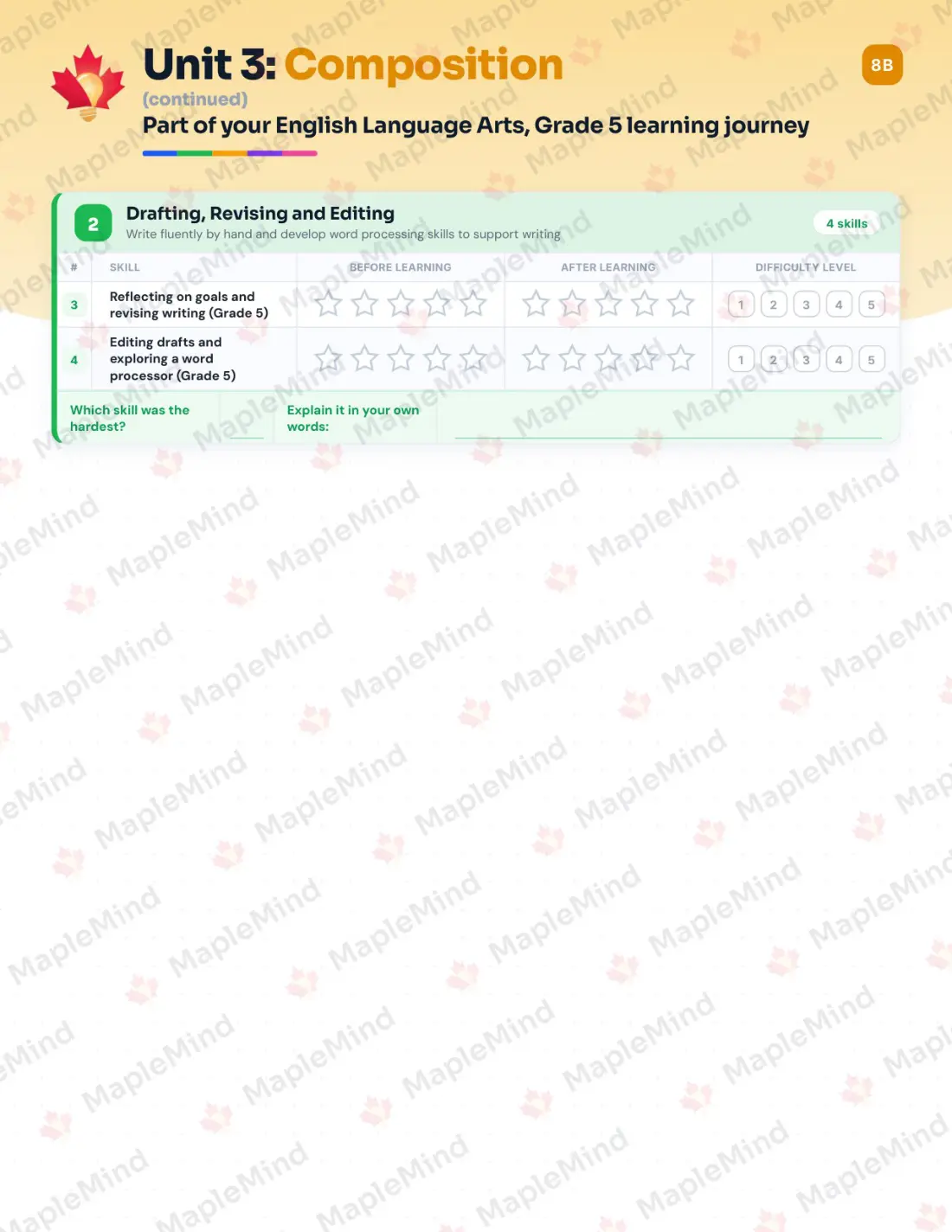 Page 15 of 30 from the English Language Arts, Grade 5 Nova Scotia Course Companion — skills tracker with before and after self-assessment