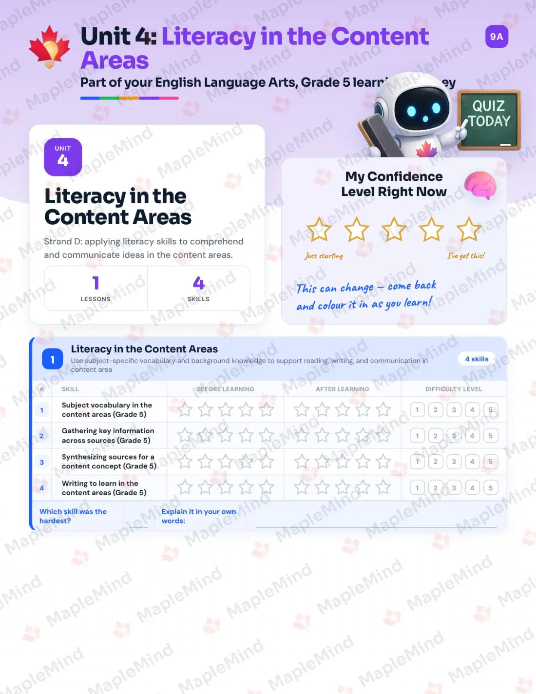 Page 18 of 30 from the English Language Arts, Grade 5 Nova Scotia Course Companion — skills tracker with before and after self-assessment
