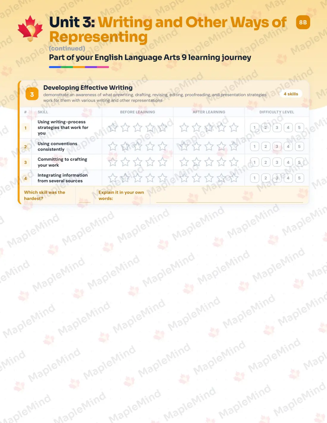 Page 15 of 26 from the English Language Arts 9 Nova Scotia Course Companion — skills tracker with before and after self-assessment