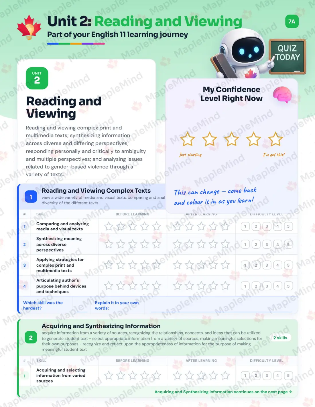 Page 9 of 26 from the English 11 Nova Scotia Course Companion — skills tracker with before and after self-assessment