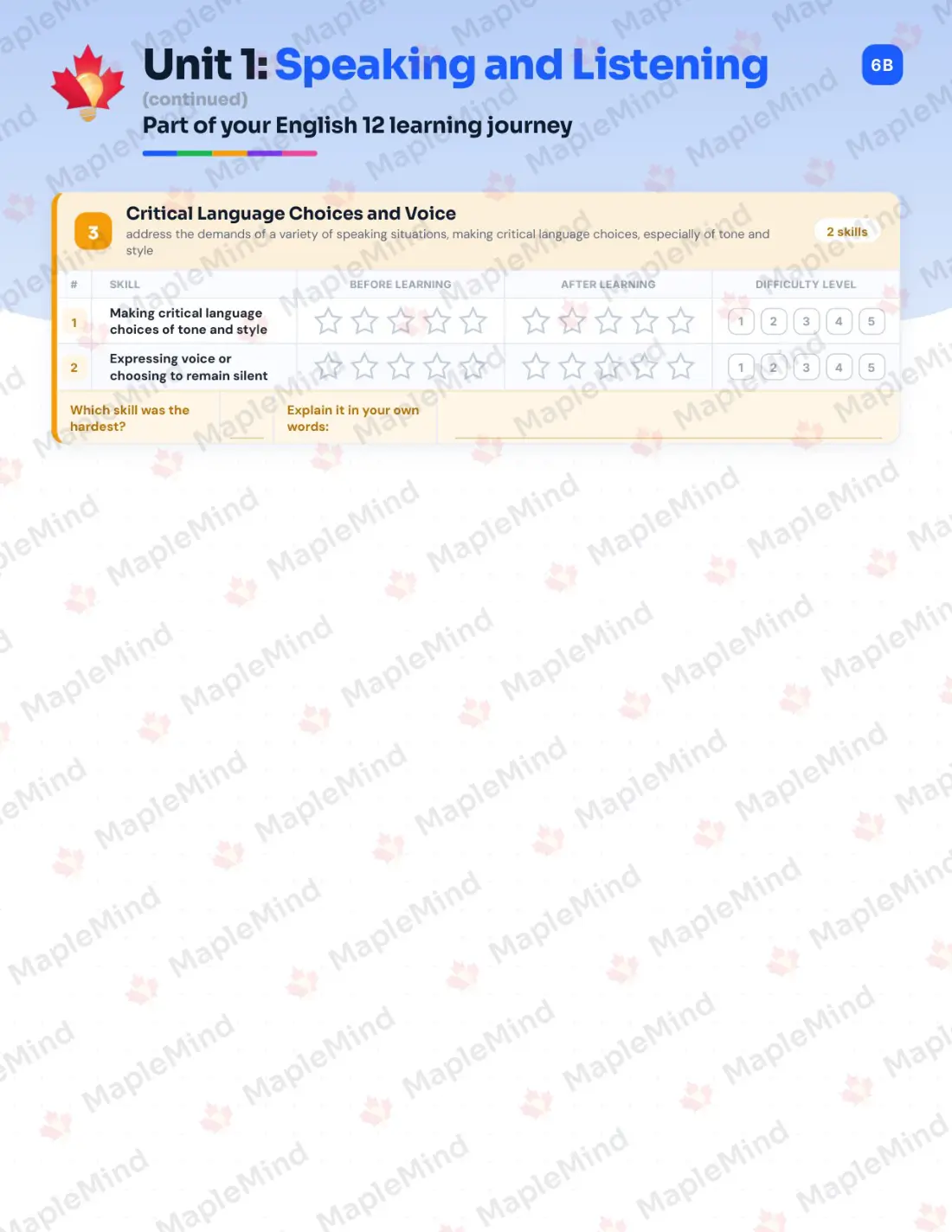 Page 7 of 27 from the English 12 Nova Scotia Course Companion — skills tracker with before and after self-assessment
