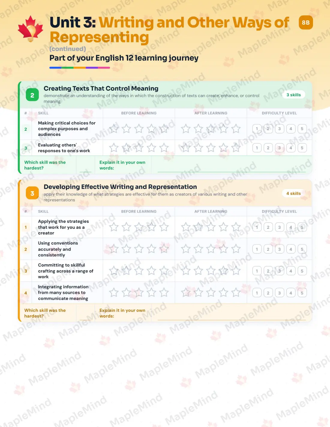 Page 16 of 27 from the English 12 Nova Scotia Course Companion — skills tracker with before and after self-assessment