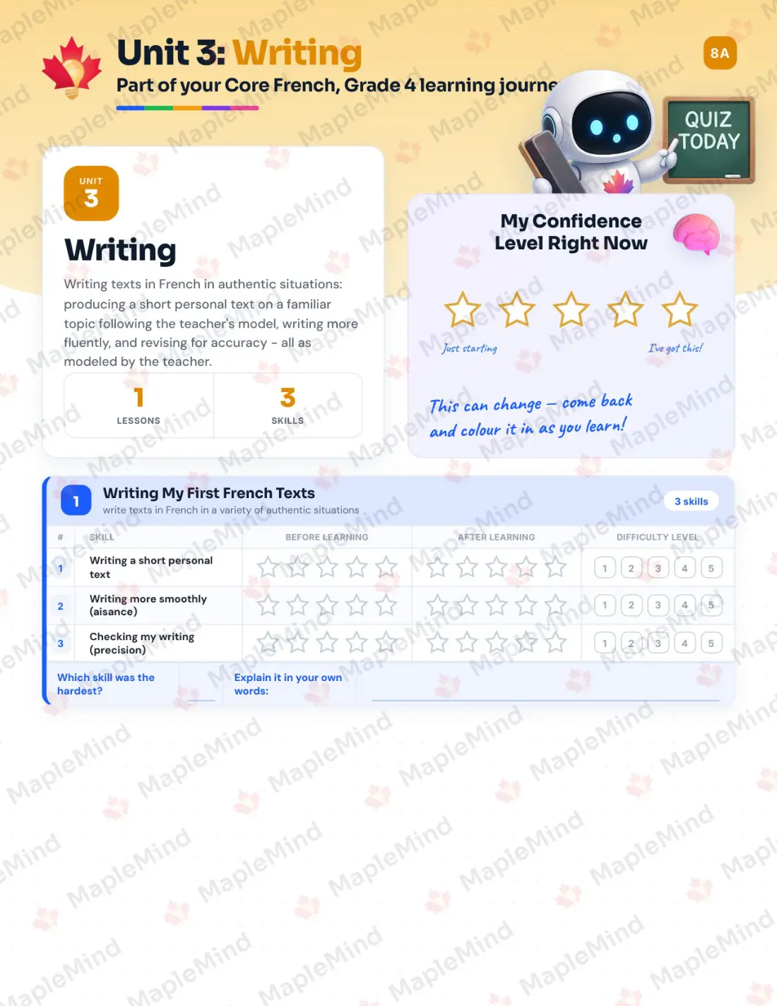 Page 12 of 23 from the Core French, Grade 4 Nova Scotia Course Companion — skills tracker with before and after self-assessment