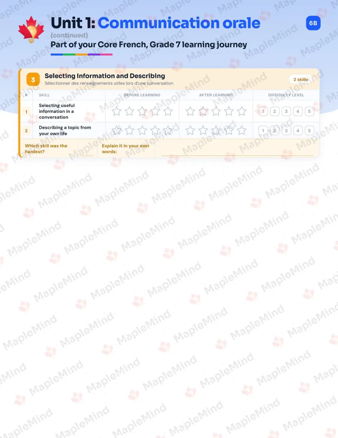 Page 7 of 24 from the Core French, Grade 7 Nova Scotia Course Companion — skills tracker with before and after self-assessment