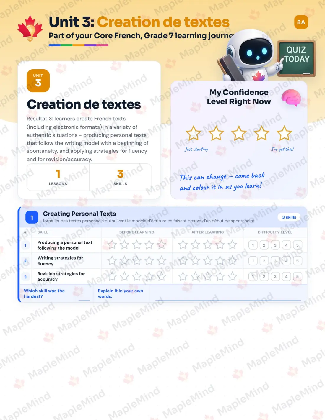 Page 13 of 24 from the Core French, Grade 7 Nova Scotia Course Companion — skills tracker with before and after self-assessment
