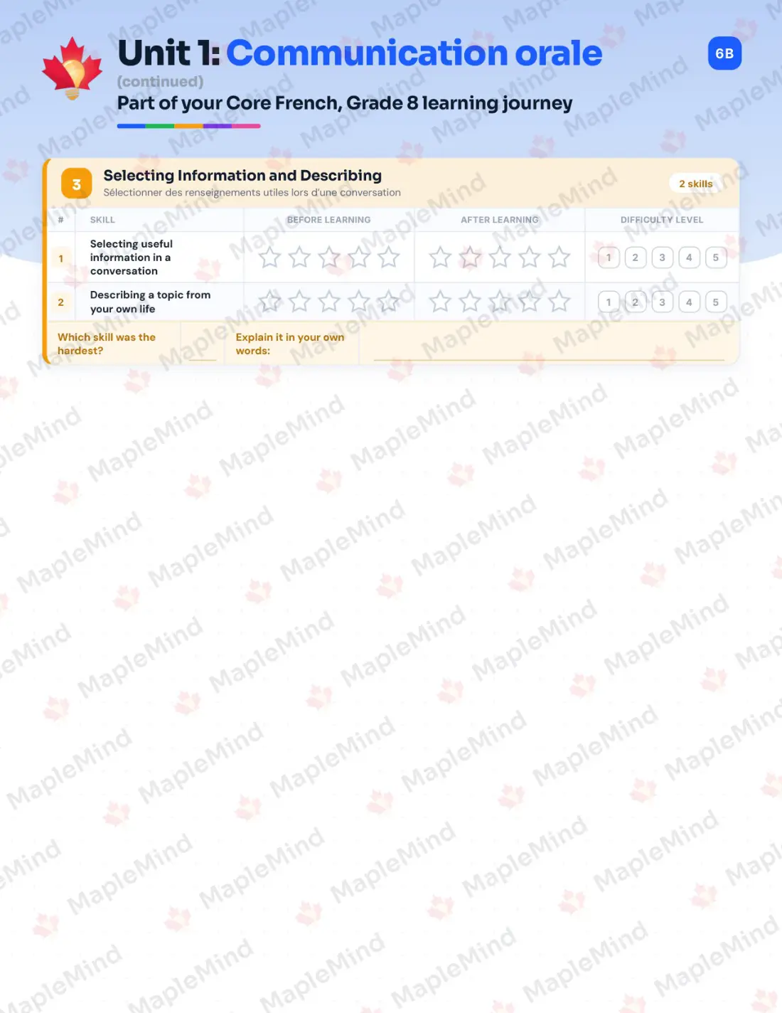 Page 7 of 24 from the Core French, Grade 8 Nova Scotia Course Companion — skills tracker with before and after self-assessment