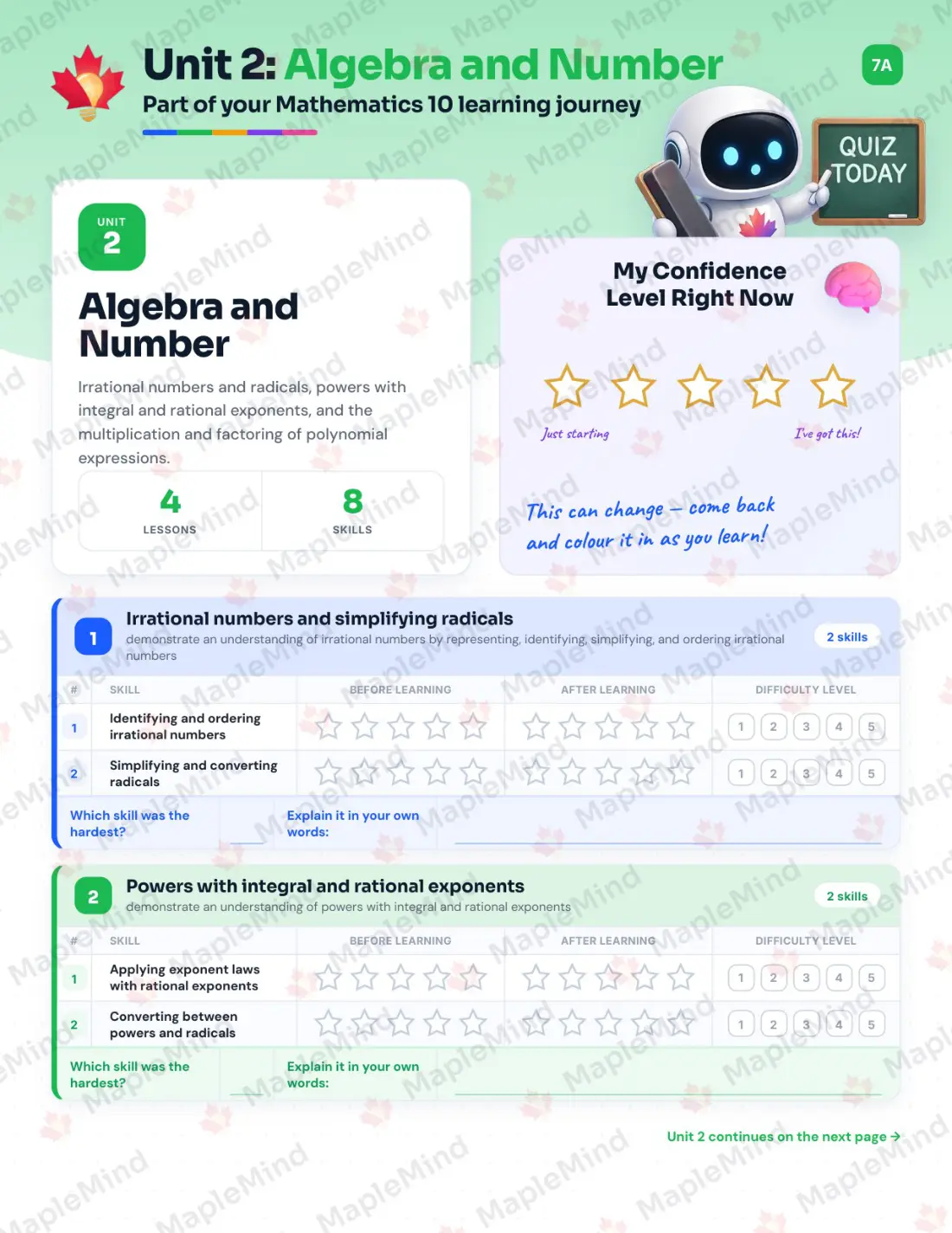 Page 11 of 33 from the Mathematics 10 Nova Scotia Course Companion — skills tracker with before and after self-assessment