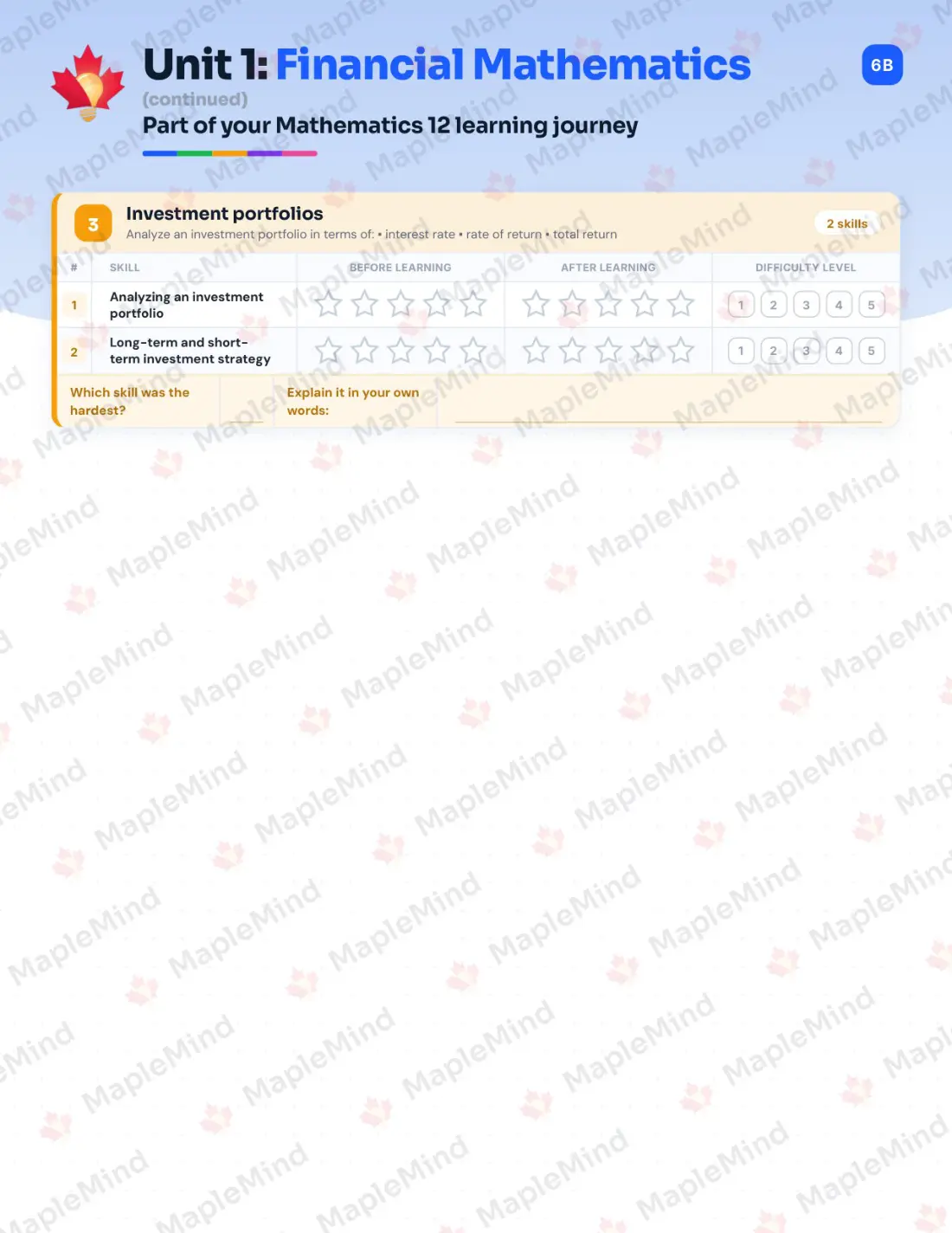 Page 7 of 30 from the Mathematics 12 Nova Scotia Course Companion — skills tracker with before and after self-assessment