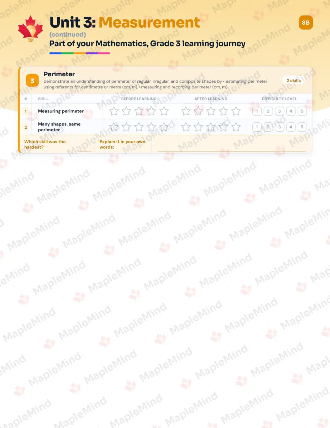 Page 16 of 34 from the Mathematics, Grade 3 Nova Scotia Course Companion — skills tracker with before and after self-assessment