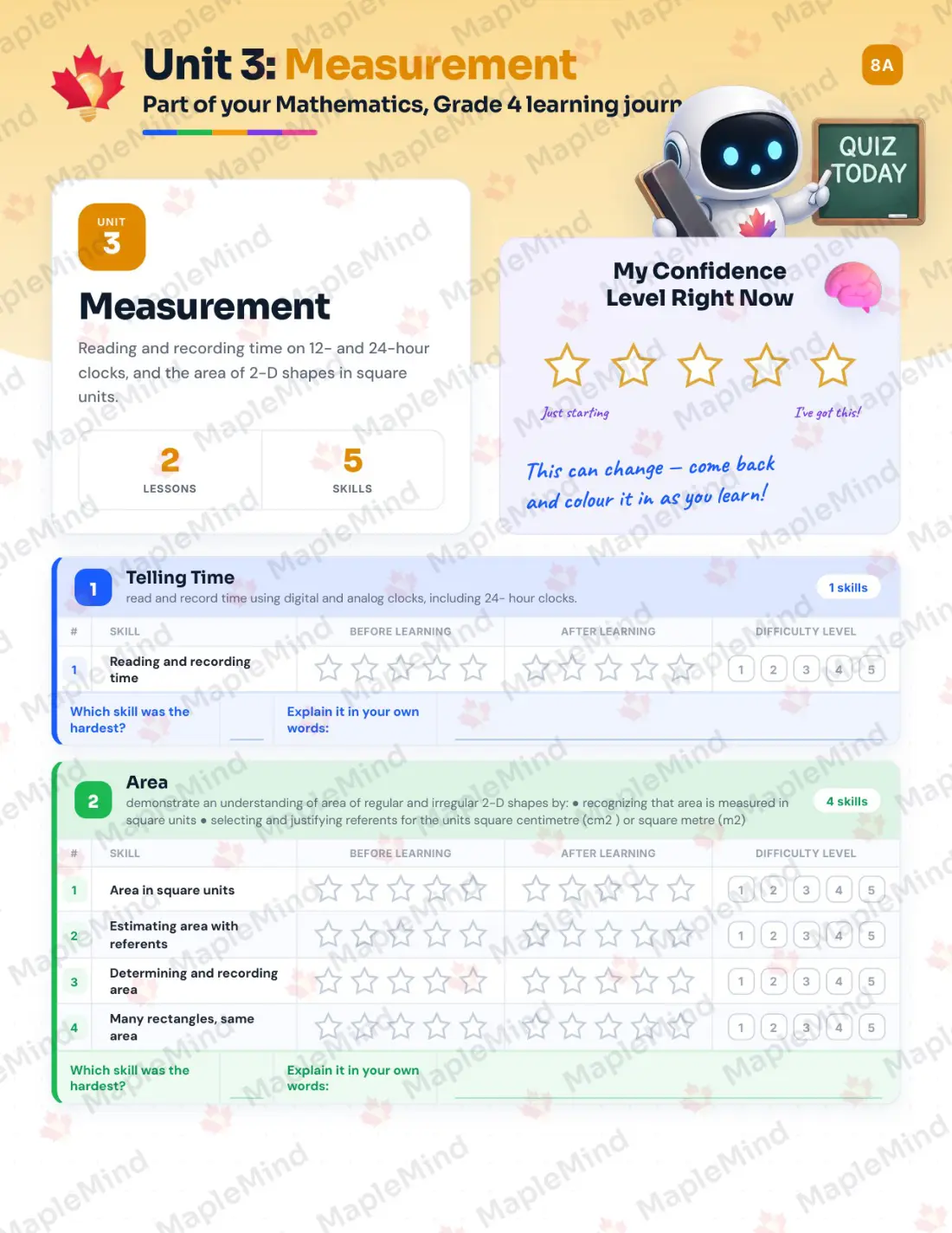 Page 14 of 32 from the Mathematics, Grade 4 Nova Scotia Course Companion — skills tracker with before and after self-assessment