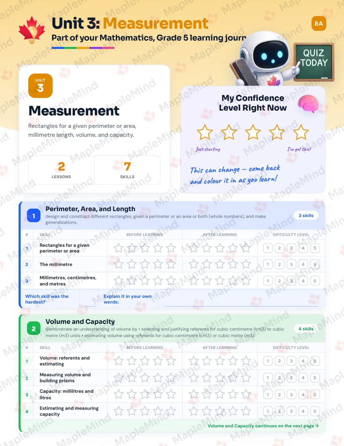 Page 13 of 32 from the Mathematics, Grade 5 Nova Scotia Course Companion — skills tracker with before and after self-assessment