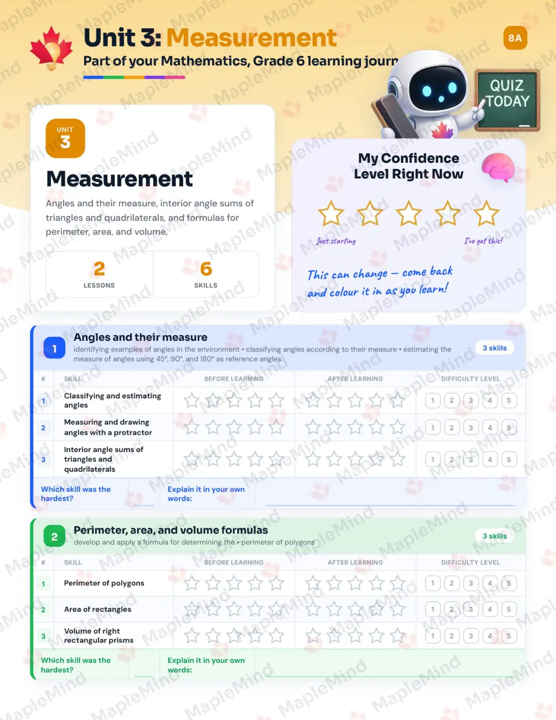 Page 13 of 31 from the Mathematics, Grade 6 Nova Scotia Course Companion — skills tracker with before and after self-assessment