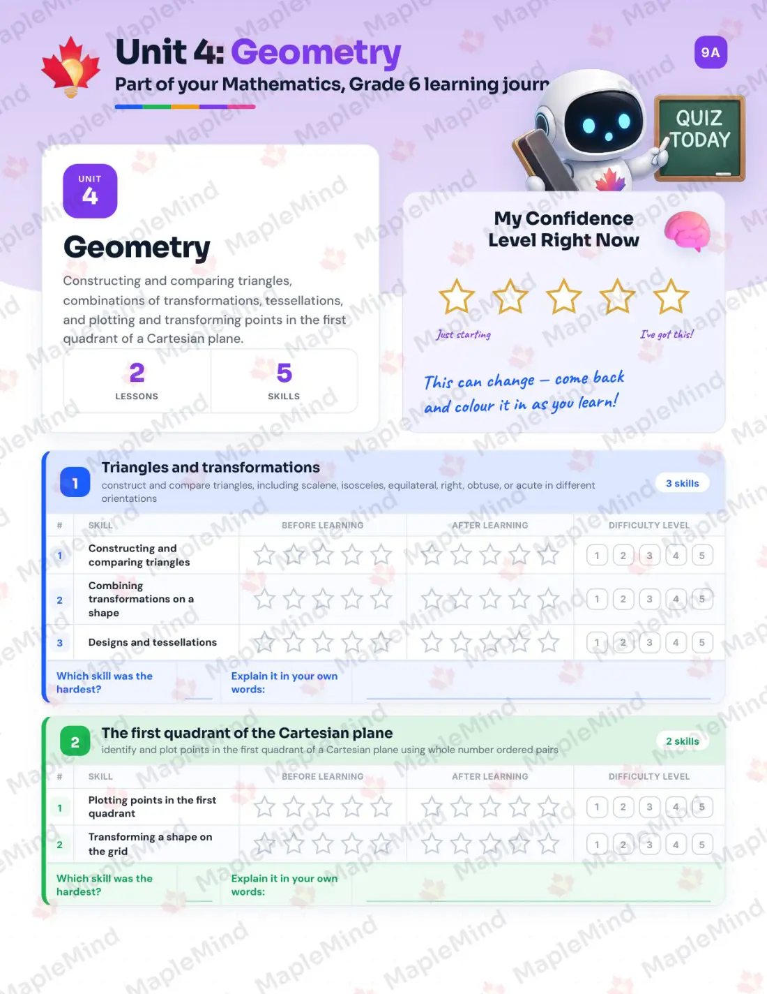 Page 16 of 31 from the Mathematics, Grade 6 Nova Scotia Course Companion — skills tracker with before and after self-assessment